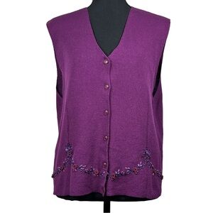 Vintage Koret Purple Embroidered, Beaded Sweater Vest, Size Medium